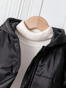 Kleine Mädchen Einfarbige Lange Ärmel Reißverschluss Kragen Lässige Kapuzen Winter Jacke - Schwarz - Übersicht 3