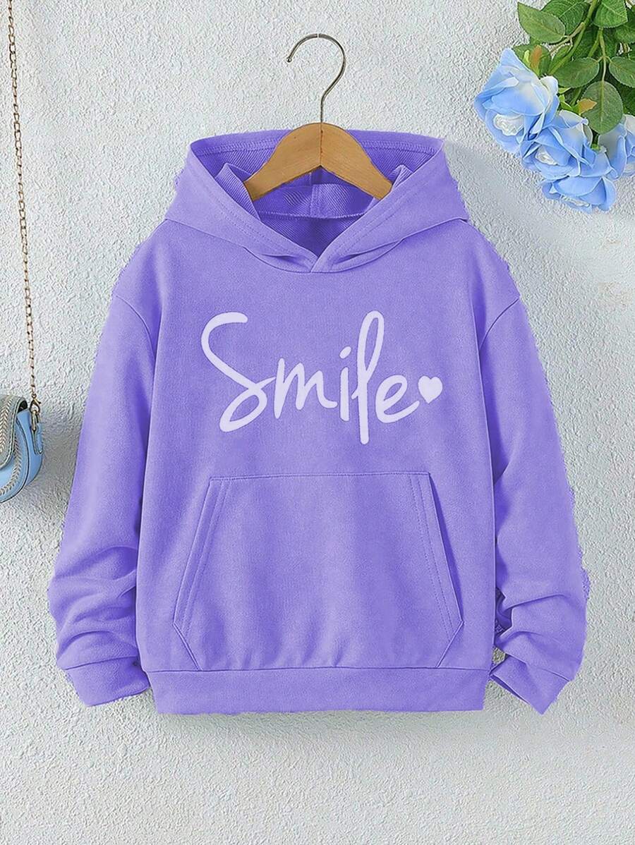 Sparklyn Tween Girls' Long Sleeve Letter Print Pocket Sweatshirt, Casual Everyday Wear - Purple - View 1