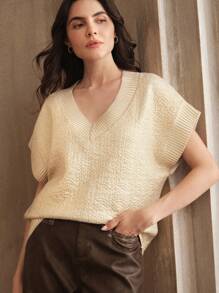 Anewsta 女士时尚纯色V领插肩袖纹理宽松针织毛衣上衣 - 金色 - 查看 1