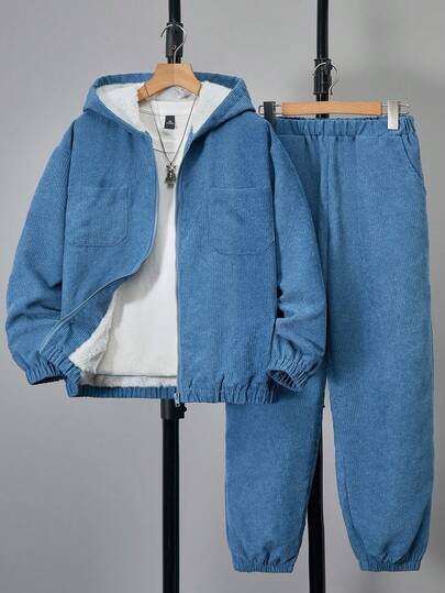 Teenage Boys' Corduroy Fleece Hoodie Outfit, Suitable For Commuting, School, And Outings In Autumn/Winter Fall