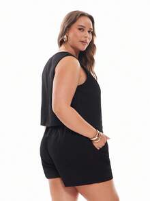 Solavibe Plus Size Solid Color V-Neck Sleeveless Casual Suit Vest And Pocketed Short Suit Two-Piece Set Short Sets Summer