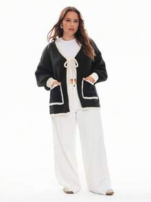 Solavibe Plus Size Casual Colorblock Drawstring Cardigan Sweater - Black - View 2