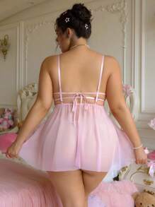 PetitDoll 2pcs Plus Size Lace Patchwork Backless Lingerie Set,Pink Summer Crotchless Babydoll Dress Nightgown,Tulle Lingerie Dress For Women - Pink - View 2