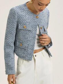 Revavyn 女士通勤优雅圆领单排扣粗花呢西装外套 - 藍色 - 查看 1