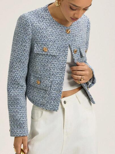 Aveloria Rosie Women's Commuting Elegant Round Neck Single-Breasted Tweed Blazer Fall Cloth For Women