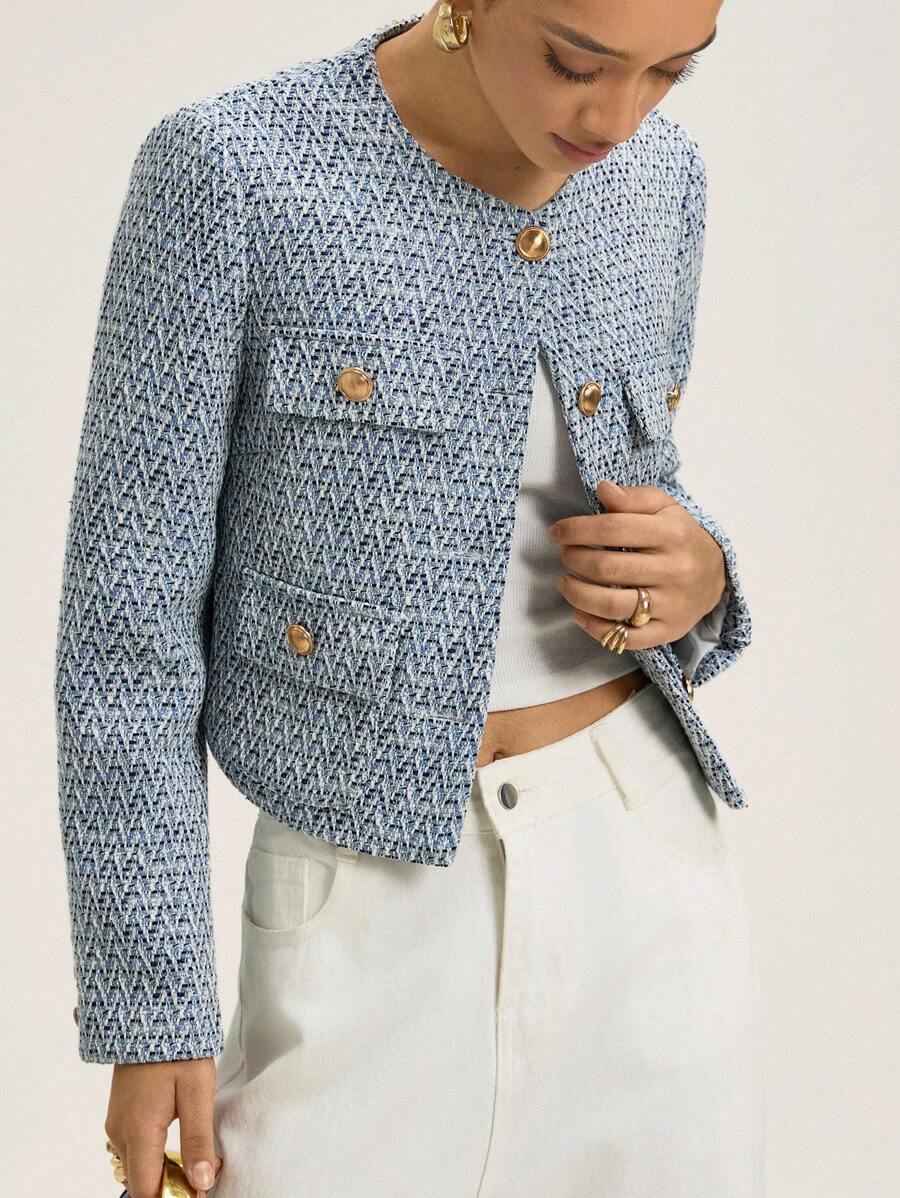 Revavyn 女士通勤优雅圆领单排扣粗花呢西装外套 - 藍色 - 查看 1