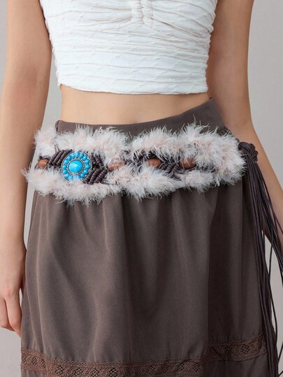 Grunge Punk 1pc Women's Khaki Fuzzy Turquoise Decor Bohemian Western Style Braided Waist Belt, Versatile Accessory For Jeans And Dresses