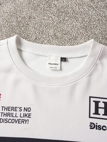 Discovery X SHEIN 男士字母条纹圆领长袖套头衫，秋季 - 杏色 - 查看 3