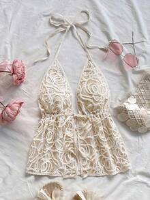 Soleia Women's Romantic Vacation Beaded Embroidered V-Neck Tie Backless Camisole Top, Suitable For Holiday, Date, Valentine's Day, Afternoon Tea, Party, Wedding Season, Beach, Spring/Summer Vacation, Cruise, Music Festival, Boho Lace Two Piece Set Crochet Two Piece Set Cream Two Piece Set Lace Top Crochet Top,Party Lace Halter Top Crochet Halter Top - Apricot - View 3