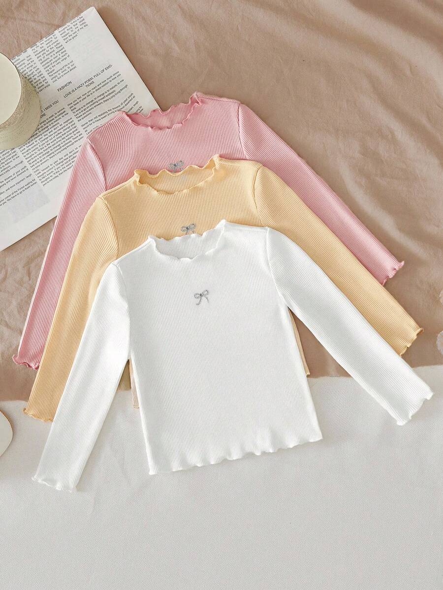 SHEIN LMoss Kids LMoss 3件套女婴可爱针织爱心图案荷叶边下摆上衣,秋冬女婴罗纹衬衫,女婴长袖衬衫,女婴上衣,女婴长袖衬衫,女婴蝴蝶结衬衫 - 彩色 - 查看 1