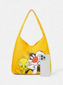LOONEY TUNES X SHEIN Bolso de hombro casual de gran capacidad con gráfico de dibujos animados amarillo - Amarillo - Ver 4