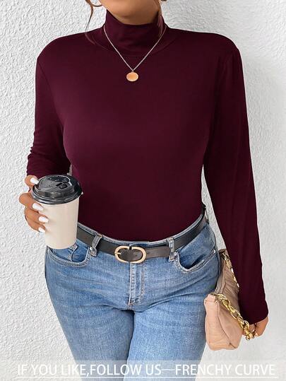SHEIN Frenchy Plus Solid Ribbed Slim Fit Mock Neck Knit Tee Basic Top Long Sleeve Top Women Long Sleeve Tops Solid Color Tops Mock Neck Top Women Long Sleeve Top