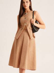 BELROSIE Set di 2 pezzi in stile britannico, composto da top in tweed da pendolare e gonna midi plissettata, con decorazione in metallo a forma di conchiglia per le donne - Arancione - Visualizzare 6