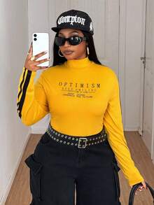 Maweii 大码撞色条纹拼接高领字母印花长袖T恤 - 黃色 - 查看 3