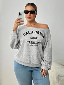 SHEIN PETITE CURVE 大码女式秋冬休闲/基本款针织地名图案单肩宽松长袖灰色运动衫，长袖上衣加州运动衫可爱运动衫露肩运动衫女式运动衫 - 淺灰色 - 查看 6