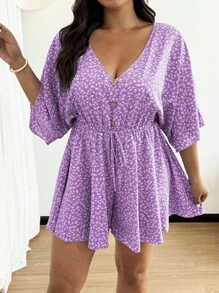 Sunnyshic Plus Size Women's V-Neck Button Ruffle Sleeve Short Sleeve Loose Shorts Elegant Floral Cute Vacation Casual French Jumpsuit, Spring/Summer
