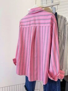 INAWLY Women's Casual Long Sleeve Colorblock Striped Button Front Shirt - Hot Pink - View 2