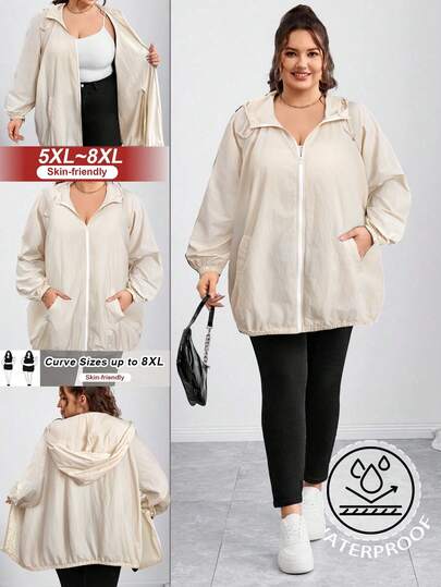 SHEIN CURVE+ Curves Plus Size/Chool Clothes/Back To School Clothes /Back To SchoolPlus Size Women Outdoor Hiking Lightweight Packable Hooded Full Zip Loose Jacket With Pockets, Black,Fall Women Clothes Winter Autumn