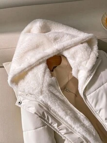女童修身毛绒拼接加厚拉链连帽派克大衣，米色，温暖，美观，时尚外套