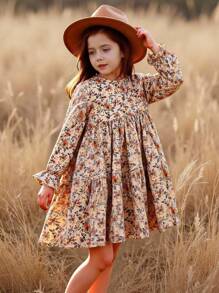 Emery Rose Kids Emery Rose Kids 年轻女孩年轻女孩双胞胎女孩碎花圆领泡泡袖修身休闲蛋糕 A 字连衣裙，秋冬新品，年轻女孩，妈妈 & 姐妹 & 我搭配。返校 - 卡其色 - 查看 9