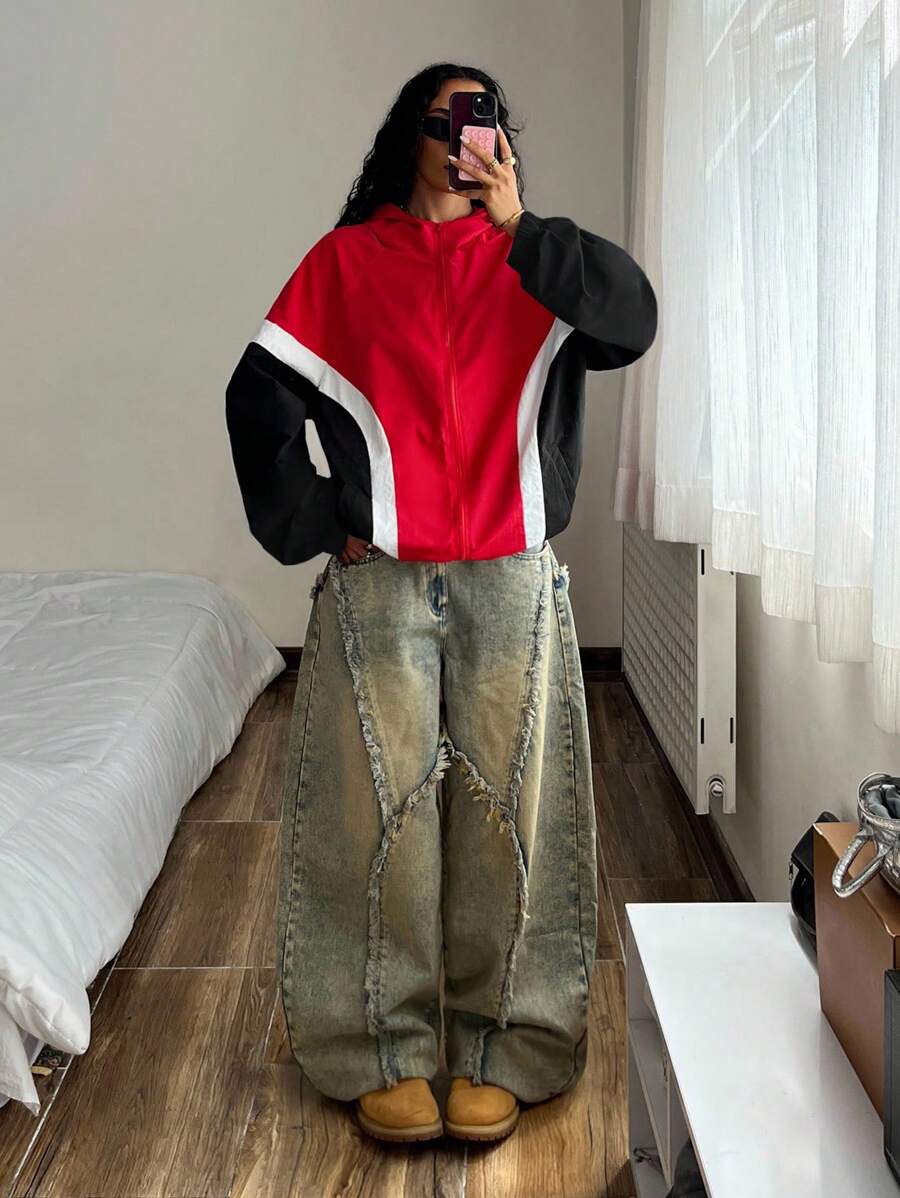 StreetHx 女式超大号拼色连帽长袖夹克