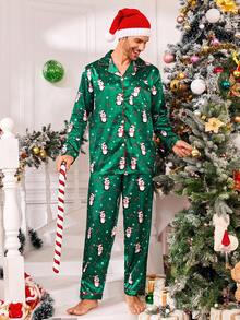 SHEIN Conjunto de pijama de 2 piezas cómodo con estampado de pingüinos y bastones de caramelo de manga larga para hombre, conjunto a juego de padre e hijo (se venden 3 sets por separado) Pijama navideño de pingüinos, ropa de otoño e invierno