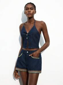 Maija 女士深蓝色牛仔露背性感蝴蝶结上衣 - 中等水洗藍 - 查看 6