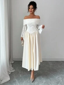 Modelyn Women's Autumn Knit Lace Patchwork Solid Color Off Shoulder Long Sleeve A-Line Dress - Apricot - View 6