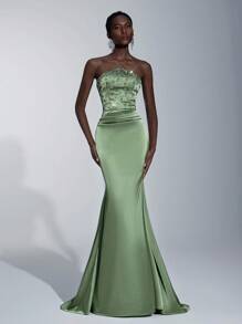 Elitara Elegante vestido de cola de sirena con cintura fruncida y adornos de strass hechos a mano, adecuado para citas, vacaciones, bodas, eventos formales y galas - Verde hierba - Ver 3
