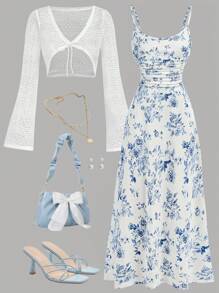 SHEIN Girlism Bộ đồ ngoài cho bé gái tuổi teen gồm áo khoác tay loe jacquard và váy liền họa tiết hoa nhỏ nhắn, dễ thương, thanh lịch - Xanh và trắng - Xem 5