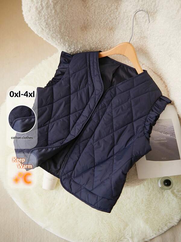 CosyJoli Plus Size Casual Rhombus Pattern Short Cap Sleeve Waistcoat Padded Coat