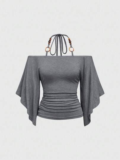 Hippie Vintage Loose Off Shoulder Wooden Bead Decor Batwing Sleeve Women T-Shirt