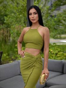 Carolina Barros Solid Crop Halter Top & Twist Front Split Thigh Skirt Two Piece - Green - View 4