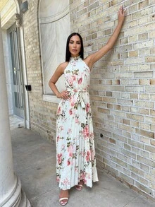 Carolina Barros Sleeveless V-Neck Flare Hem Printed Elegant Romantic Dress For Women, Multi-Color - Multicolor - View 5