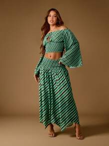MISSGUIDED Elegant Striped Smocked Waist Maxi Skirt Asymmetrical Handkerchief Hem Festival Beach Vacation Resort Wear Summer Holiday Party Evening Dress Bottom - Multicolor - View 3