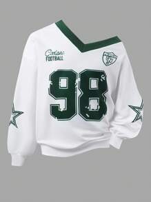 SHEIN ChillGRL 2 件套：超大女孩休闲时尚街头风格数字和英文字母星星印花 V 领长袖宽松上衣和阔腿运动裤套装，适合日常穿着