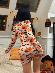 Halloween Pumpkin & Bat Print Long Sleeve Front Button Jumpsuit, Fall Pumpkin Pajamas Halloween Pajamas Women Women Halloween Pajamas - Multicolor - View 2