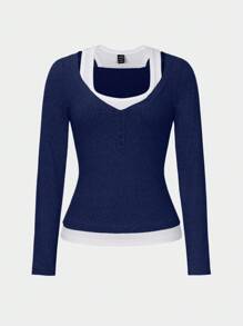 Zielony Vintage Colorblock Long Sleeve Crew Neck T-Shirt, Casual Chic Slim Fit Pullover Top For Autumn, European And American Style Fall Cloth For Women