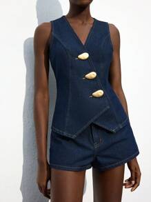 Maija Women's Dark Blue Denim Suit Sleeveless Vest Plus Denim Shorts Old Money Style Metal Buckle Decoration Office Wear Ins Style - Dark Wash - View 2