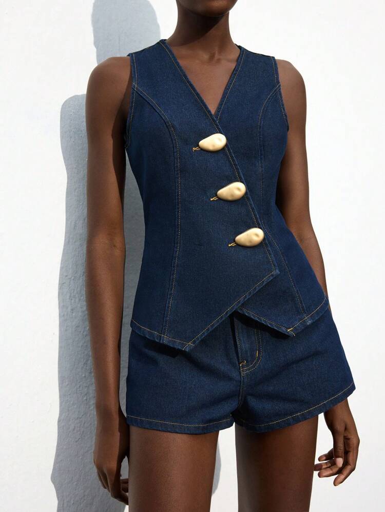 SHEIN Maija Women's Dark Blue Denim Suit Sleeveless Vest Plus Denim Shorts Old Money Style Metal Buckle Decoration Office Wear Ins Style