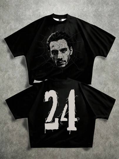 Manfinity ZONE917 High Quality Box Cut Short Street Halloween Spider Web Portrait Applique 24 Batwing Sleeve Pattern T-Shirt