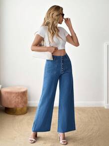SHEIN LUNE Jeans amples lavés taille haute jambe large pour femmes, style décontracté, convient pour l'été, l'automne, la rentrée scolaire, l'homecoming, Halloween, les affaires, le pays, le vintage, la modestie, les affaires décontractées, le travail, l'église - Bleu azur - Voir 8