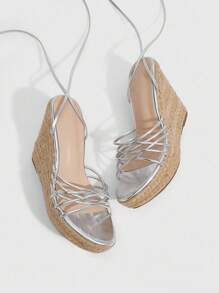 CUCCOO SZL Giày sandal đế xuồng phối dây buộc bằng dây đay màu bạc thời trang dành cho nữ, thích hợp để đi làm, hẹn hò, tiệc tùng, ngày lễ, nghỉ dưỡng - Bạc - Xem 3