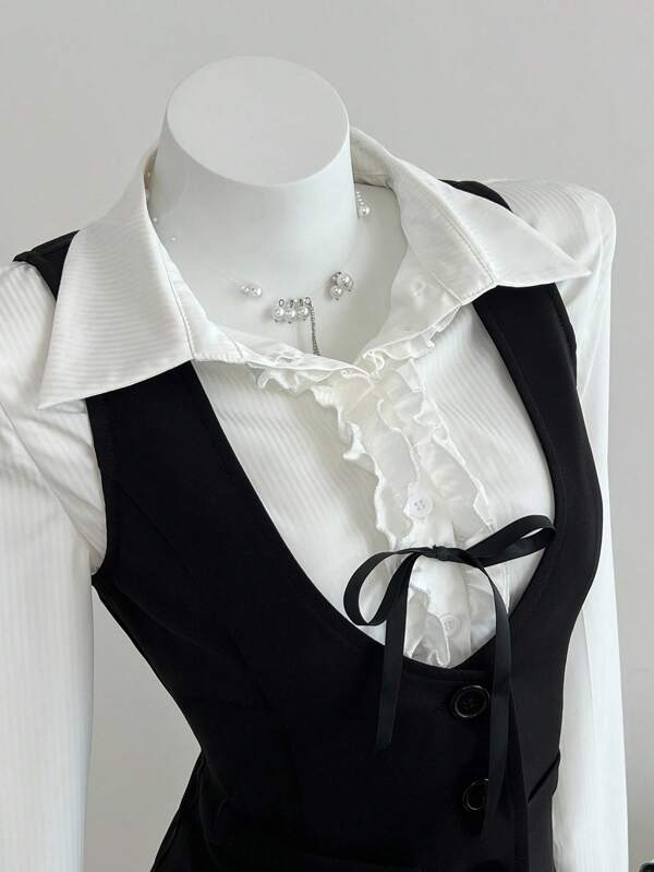 Elamini 2 pièces Tenue d'automne pour femme, débardeur à manches longues et blouse avec nœud papillon et ourlet à volants