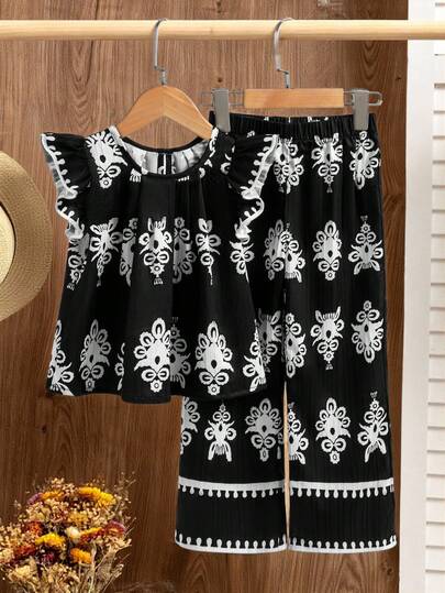 SHEIN 2件套少女度假休闲全印花盖袖上衣和裤子套装