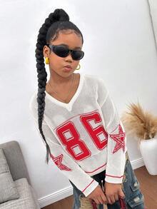 SHEIN 青少年女孩印花针织罩衫，长袖休闲日常时尚百搭外套，适合女孩的秋冬服装 - 白色 - 查看 6