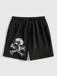 ROMWE MEN Goth Men's Skeleton Print Drawstring Waist Pocket Casual Shorts, Halloween - Black - View 1