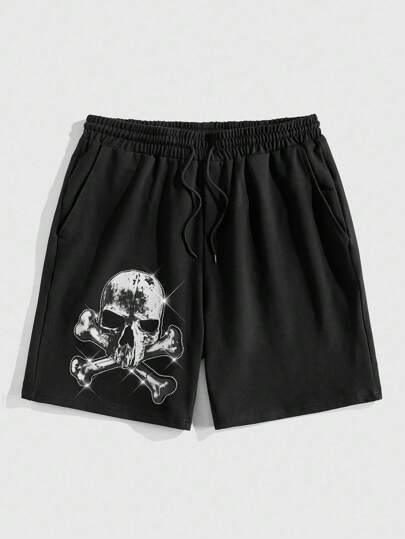 Goth Men's Skeleton Print Drawstring Waist Pocket Casual Shorts, Halloween