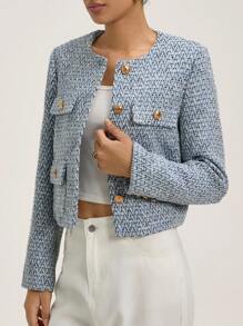 Revavyn 女士通勤优雅圆领单排扣粗花呢西装外套 - 藍色 - 查看 4