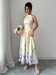 Rafferiza 女式夏季新款露背印花休闲优雅连衣裙 - 黃色 - 查看 7